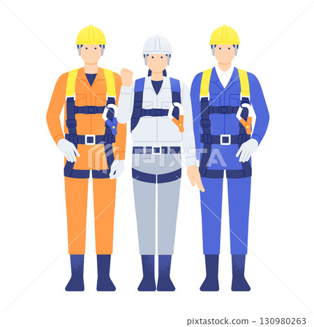 Women are also active. Vector illustration of men and women working in the construction industry wearing full harnesses and helmets 130980263