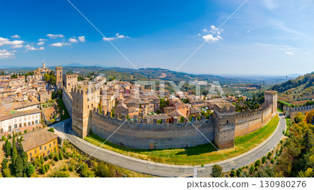 Bird's-eye view of a medieval city with towers 130980276
