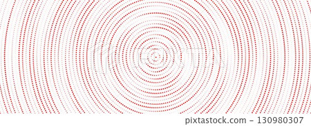 Red halftone concentric circle background. Rippled sonic wave wallpaper. Dotted radial gradient texture. Vector rasterized rough backdrop for epicenter, target, radar signal, vibration, shake concept 130980307