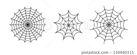 Black line spider web set. Simplified cobweb collection. Halloween frame and borders elements for banner, poster, decoration. Linear spooky tangled net bundle. Vector pack 130980315