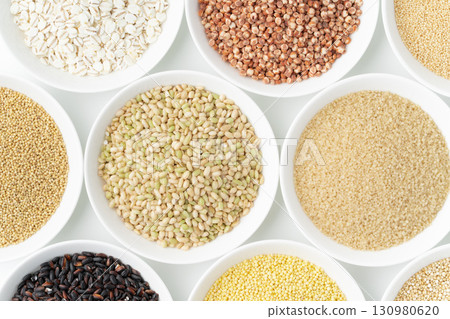 Various types of grains arranged on a plate Various types of grains arranged on a plate 130980620