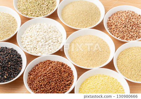 Various types of grains arranged on a plate Various types of grains arranged on a plate 130980666