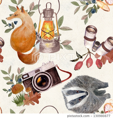 Badger, vintage lantern, binoculars, retro camera, leaves, berries seamless watercolor pattern on textured paper background. Perfect for fabric prints, stationery, gift wrap, autumn seasonal products. 130980877
