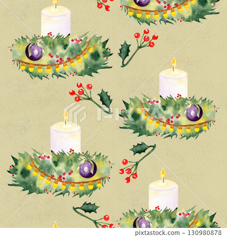 Candles, holly, pine branches, berries, baubles watercolor seamless vertical border isolated on white. Ideal for wrapping paper, festive textiles, greeting cards, invitations, holiday decor projects 130980878