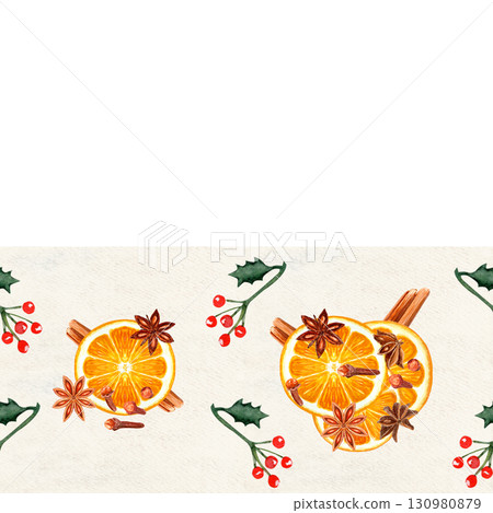 Orange slices with cinnamon sticks, anise stars, cloves, holly leaves, red berries watercolor border on textured paper. Perfect for festive invitations, seasonal menus, packaging, banners, holiday 130980879
