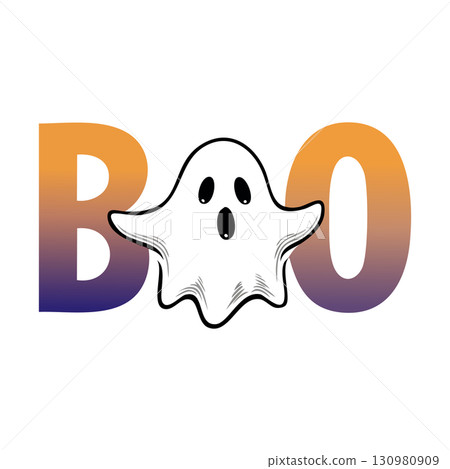 Boo Word Art with Cute White Ghost Character for Halloween Design Boo Word Art with Cute White Ghost Character for Halloween Design 130980909