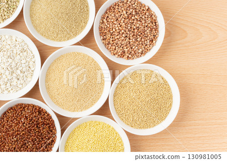 Various types of grains arranged on a plate Various types of grains arranged on a plate 130981005