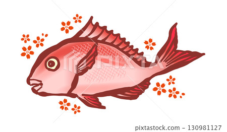 A brush painting of the fish "tai" and cherry blossoms. Red sea bream, red sea bream, sea bream. 130981127