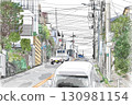 Roads with cars running and residential areas color comic background style 130981154