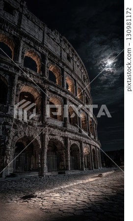 Ancient Roman coliseum ruins night moonlight shadow dramatic architecture stone historic Ancient Roman coliseum ruins night moonlight shadow dramatic architecture stone historic 130981172