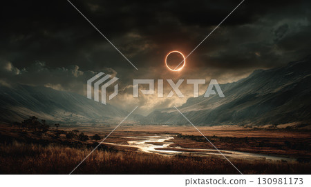 Solar eclipse over dramatic mountain valley landscape with river moody sky, mysterious light Solar eclipse over dramatic mountain valley landscape with river moody sky, mysterious light 130981173