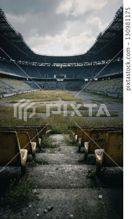 Abandoned stadium, empty seat, decaying structure, overgrown grass, moody atmosphere 130981175
