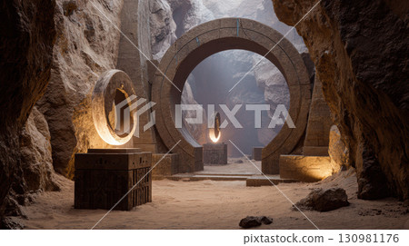 Ancient alien ruin interior with stone arch, mysterious artifact, and dramatic lighting 130981176