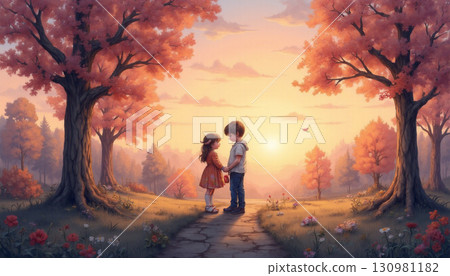 秋葉下一對男女面對面 秋葉下一對男女面對面 130981182