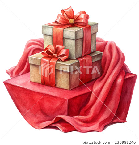 Stack of beautifully wrapped gift boxes completely hidden under a flowing red cloth with soft folds Stack of beautifully wrapped gift boxes completely hidden under a flowing red cloth with soft folds 130981240