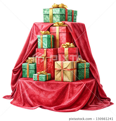Stack of beautifully wrapped gift boxes completely hidden under a flowing red cloth with soft folds 130981241