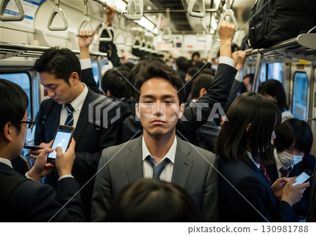 早高峰擁擠的地鐵上，上班族和通勤者的真實表情 130981788