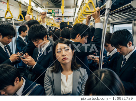 早高峰擁擠的地鐵上,上班族和通勤者的真實表情 早高峰擁擠的地鐵上,上班族和通勤者的真實表情 130981789