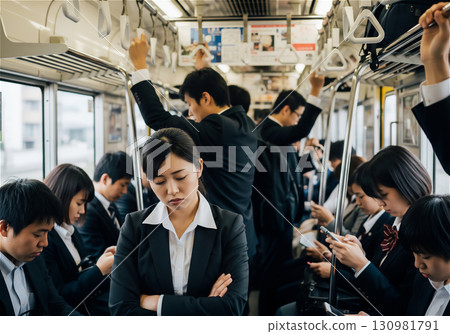 The real expressions of office workers and commuters swaying on crowded trains during the morning rush hour 130981791