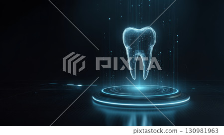 Holographic tooth projection with digital light effects on dark background, futuristic dental technology concept glowing blue 130981963