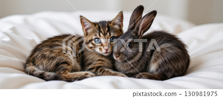 Adorable kitten and bunny lying close together on soft white bedding showing gentle companionship and warmth Adorable kitten and bunny lying close together on soft white bedding showing gentle companionship and warmth 130981975