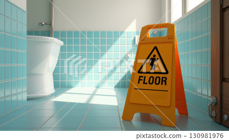 Wet floor caution sign stands in bright bathroom with blue tiles and sunlight casting shadows, creating safe and alert atmosphere 130981976