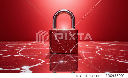 Red marble padlock on reflective surface with radiant light and minimalist concept of security and protection 130982001
