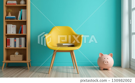 Yellow chair with wooden legs and books on seat in bright room with bookshelf and piggy bank near window 130982002