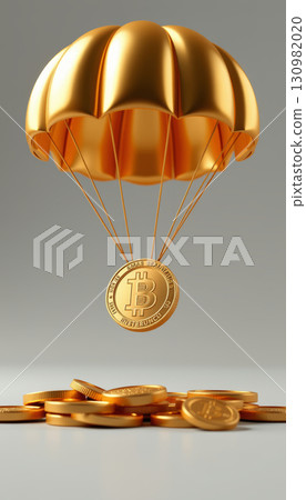 Golden bitcoin coin descending with parachute above pile of coins symbolizing safe cryptocurrency delivery and investment protection 130982020