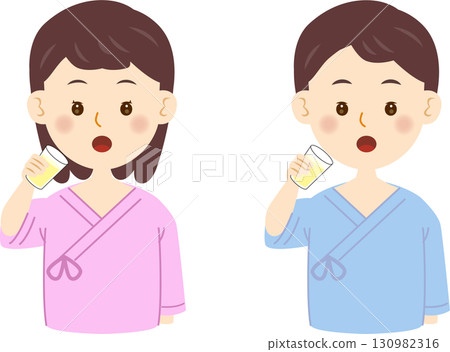穿著病號服的男女正在喝鋇劑 130982316
