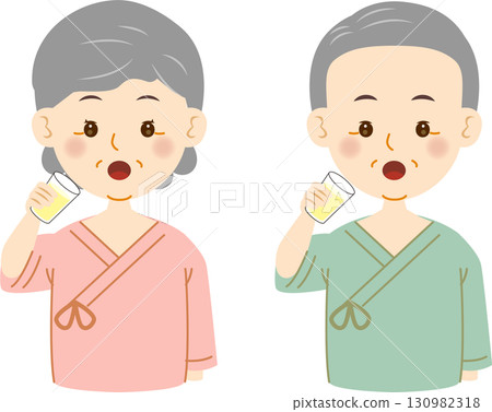 穿著病號服的老年男女喝鋇 穿著病號服的老年男女喝鋇 130982318