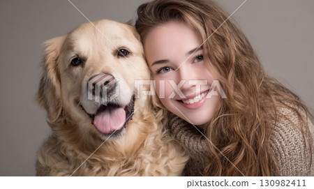Young woman smiling happily with golden retriever dog closeup portrait 130982411