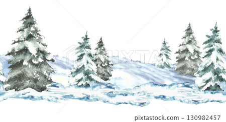 Spruce trees forest winter Landscape seamless border. Snowy Hills, Mountains, frosty Pine, Christmas fir evergreen trees. Hand painted watercolor illustration isolated from background holiday pattern Spruce trees forest winter Landscape seamless border. Snowy Hills, Mountains, frosty Pine, Christmas fir evergreen trees. Hand painted watercolor illustration isolated from background holiday pattern 130982457