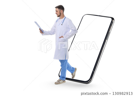 Doctor in white coat checks patient info, isolated on white Doctor in white coat checks patient info, isolated on white 130982913