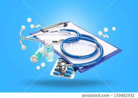 Assortment of medical supplies on a vibrant blue background 130982932