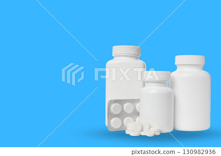 Multiple bottles of medicine and tablets displayed artistically Multiple bottles of medicine and tablets displayed artistically 130982936