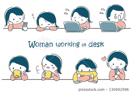 手繪的一群女性在辦公桌前工作時的各種動作和臉部表情 手繪的一群女性在辦公桌前工作時的各種動作和臉部表情 130982996