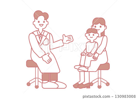 A simple illustration of a parent and child being examined by a doctor 130983008