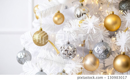 [AI image] A white Christmas tree decorated with ornaments 130983017