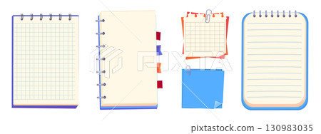 Notes sheet, pages. bulletin paper, lined list set, notebook office or school blank notebook for homework and exercises. Sticky stickers reminders, notebook clippings, stationery, planner,  130983035