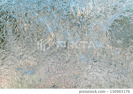 Aqua background. Product space next to clean water streams and water splashes and drops. 130983176