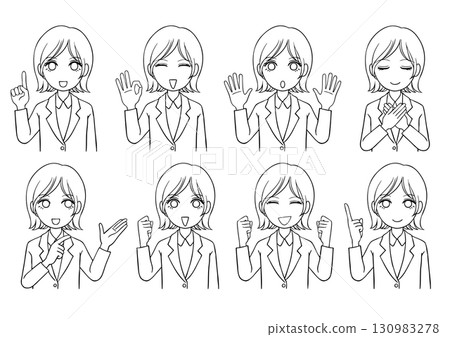 穿著西裝的可愛女人的 8 種面部表情黑色線條畫胸部 130983278