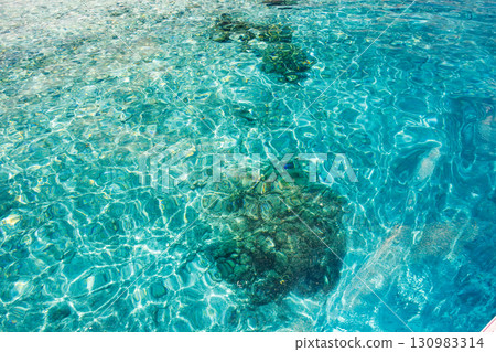 Tourists are landing on the white sand beach of Kabi Island. A beautiful coral reef with parasols, boats, and sabani boats moored. 130983314
