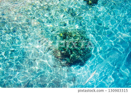 Tourists are landing on the white sand beach of Kabi Island. A beautiful coral reef with parasols, boats, and sabani boats moored. 130983315