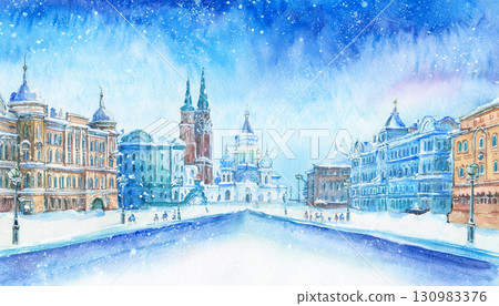 水彩冬季城市景觀 130983376