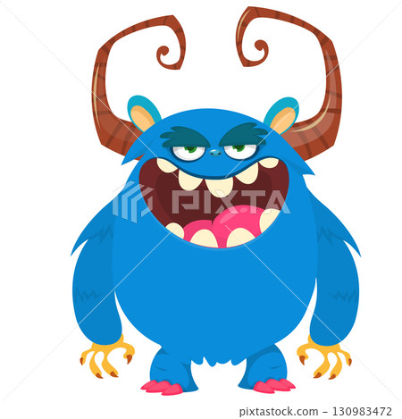 Cartoon cute monster with funny face expression waving hands. Halloween vector illustration 130983472