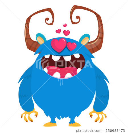 Cartoon cute monster with funny face expression waving hands. Halloween vector illustration 130983473