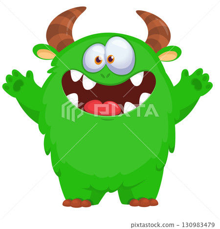 Cartoon cute monster with funny face expression waving hands. Halloween vector illustration Cartoon cute monster with funny face expression waving hands. Halloween vector illustration 130983479