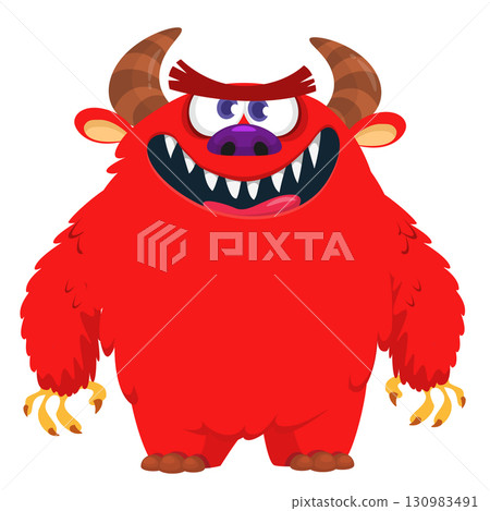 Cartoon cute monster with funny face expression waving hands. Halloween vector illustration Cartoon cute monster with funny face expression waving hands. Halloween vector illustration 130983491