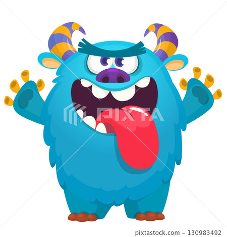 Cartoon cute monster with funny face expression waving hands. Halloween vector illustration Cartoon cute monster with funny face expression waving hands. Halloween vector illustration 130983492